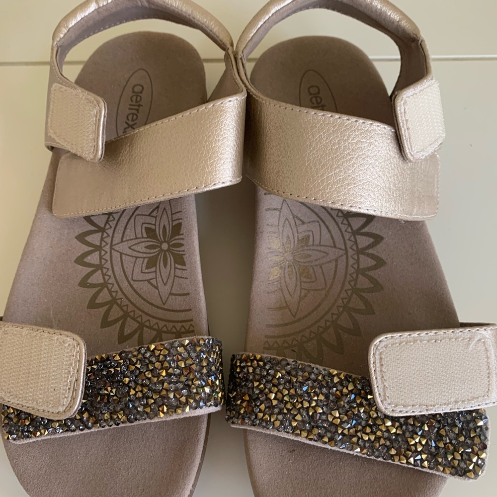 AETREX Gold and Tan Glitter Sandals with Ankle Strap - Picture 7 of 7
